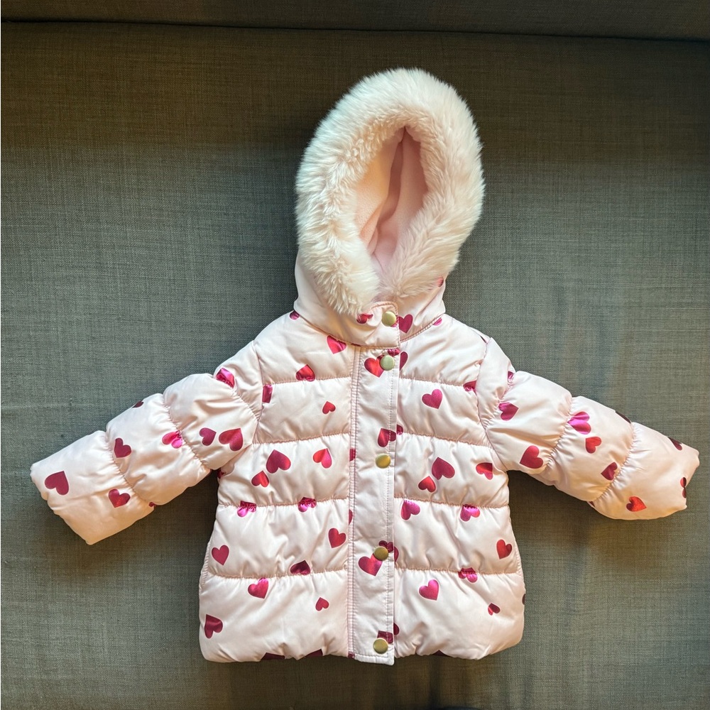 Pink Heart Patterned Puffer Jacket with Faux Fur Hood